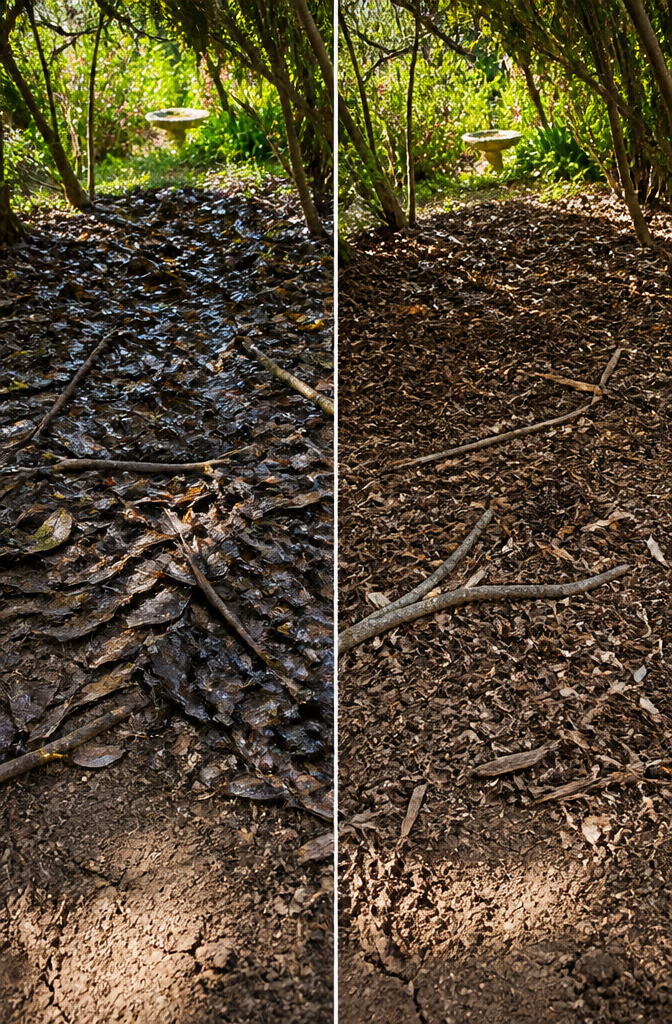 A dense mat of whole leaves covering the ground.