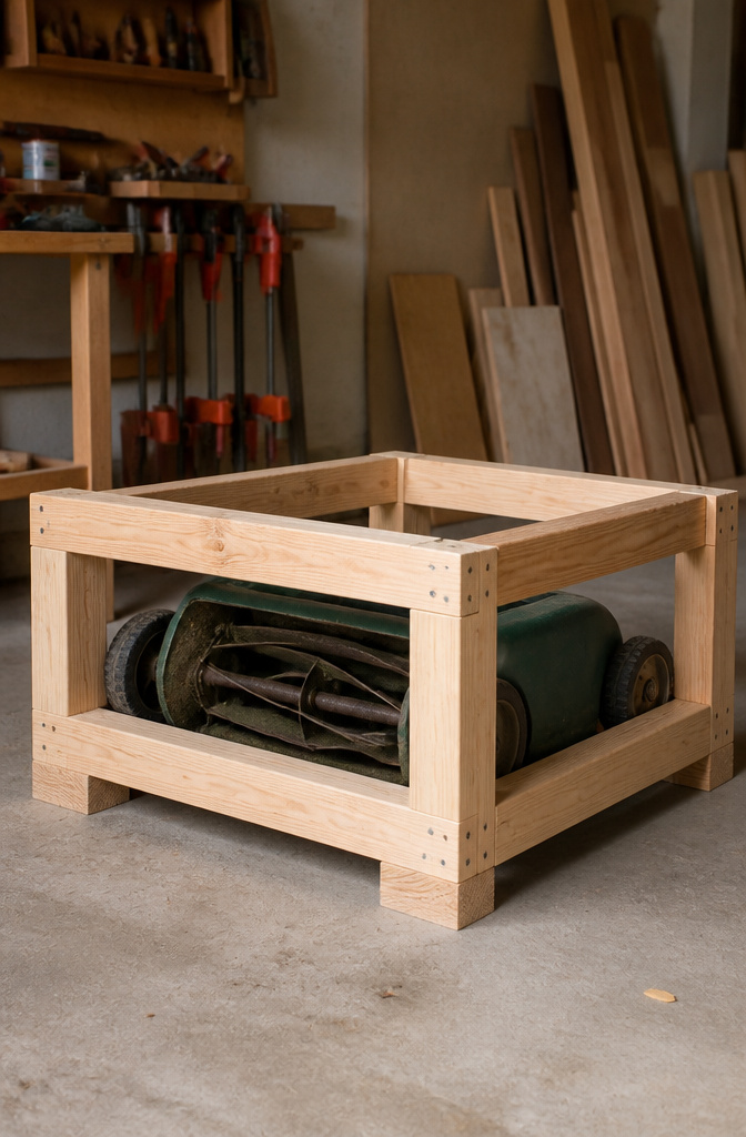 A frame made of 2x4s and 2x6s supporting the mulcher.