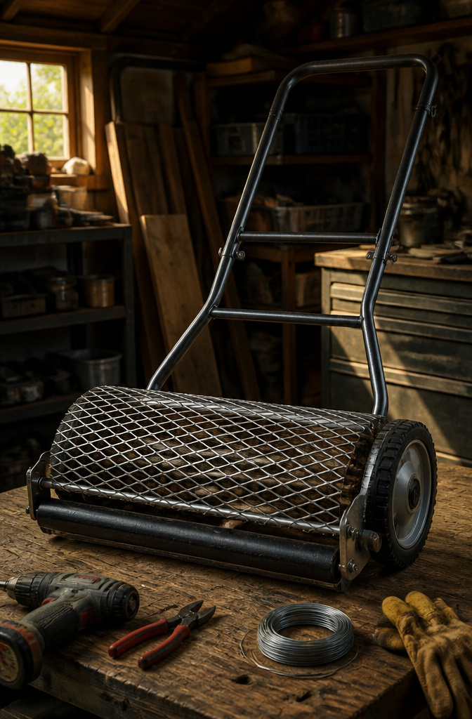 A modified reel mower with an expanded metal screen attached.
