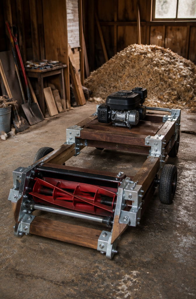A mounted mower on the frame, secured with metal ties.