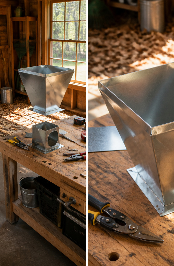 A hopper made from flashing material positioned above the mower.