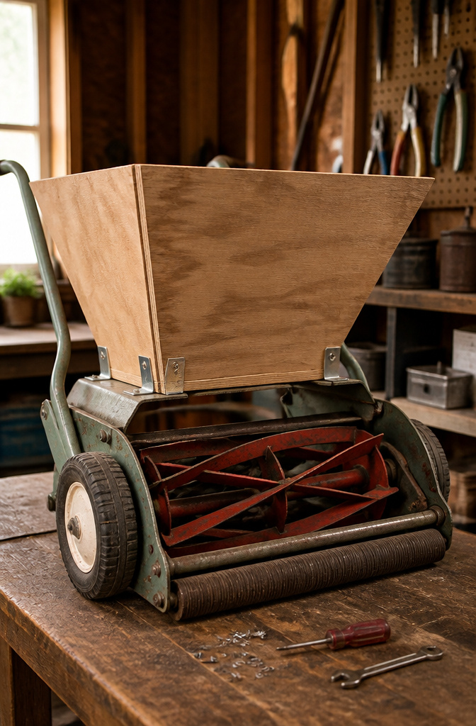 A hopper attached to the mulcher, positioned over the reel.