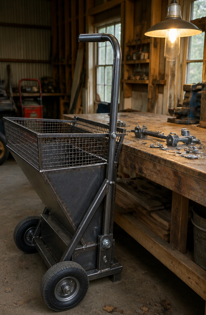 A metal handle mounted on the frame of the leaf mulcher.