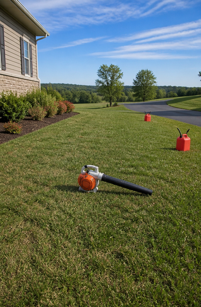 Stihl leaf blower set up outside away from fuel cans and oil.