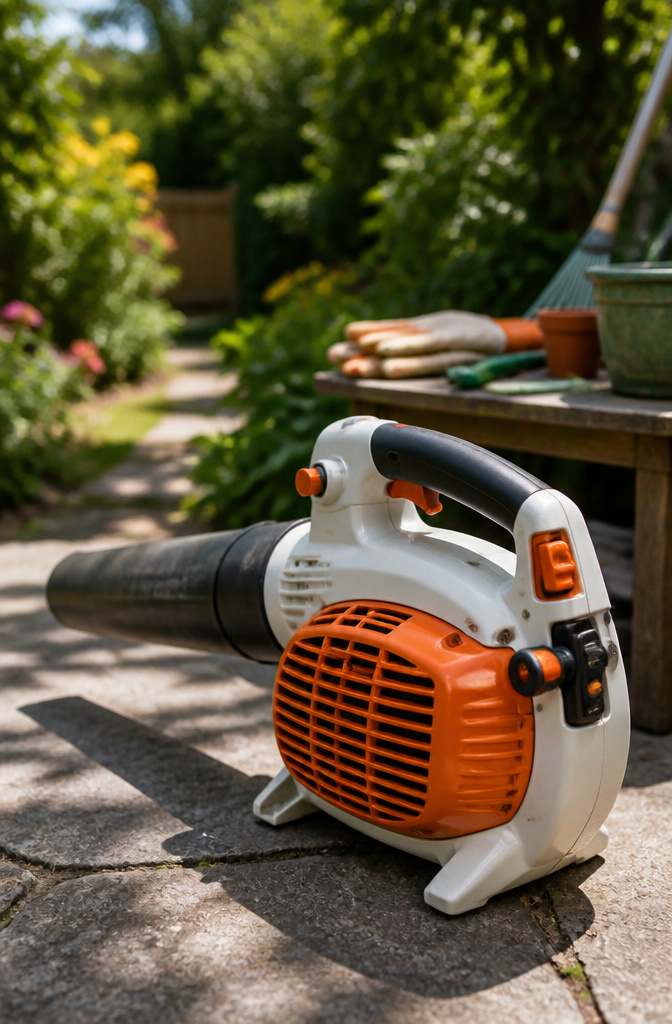 Stihl blower placed on a level surface with power switch on.