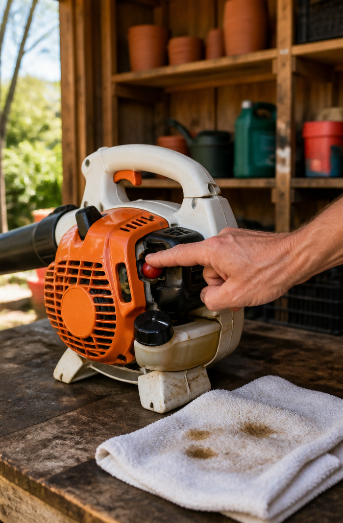 Hand pressing the red primer bulb on a Stihl blower.