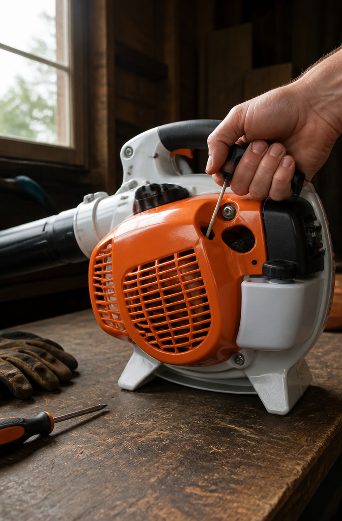 Right hand gripping the starter handle of a Stihl blower.