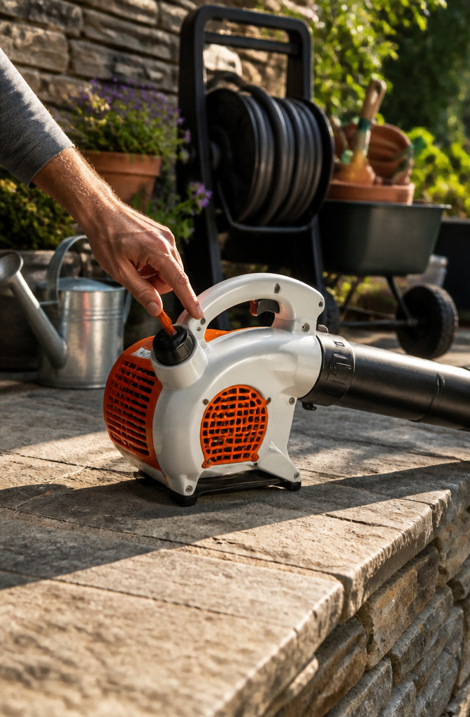 Hand hovering over the master control switch of a Stihl blower.