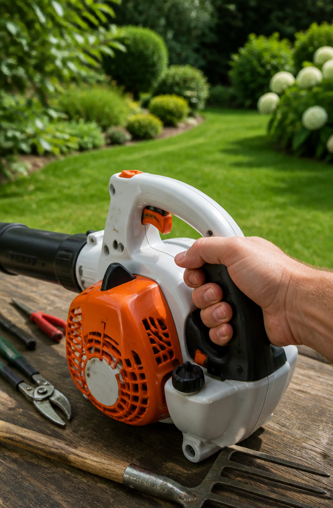 Hand squeezing the throttle trigger of a Stihl blower.