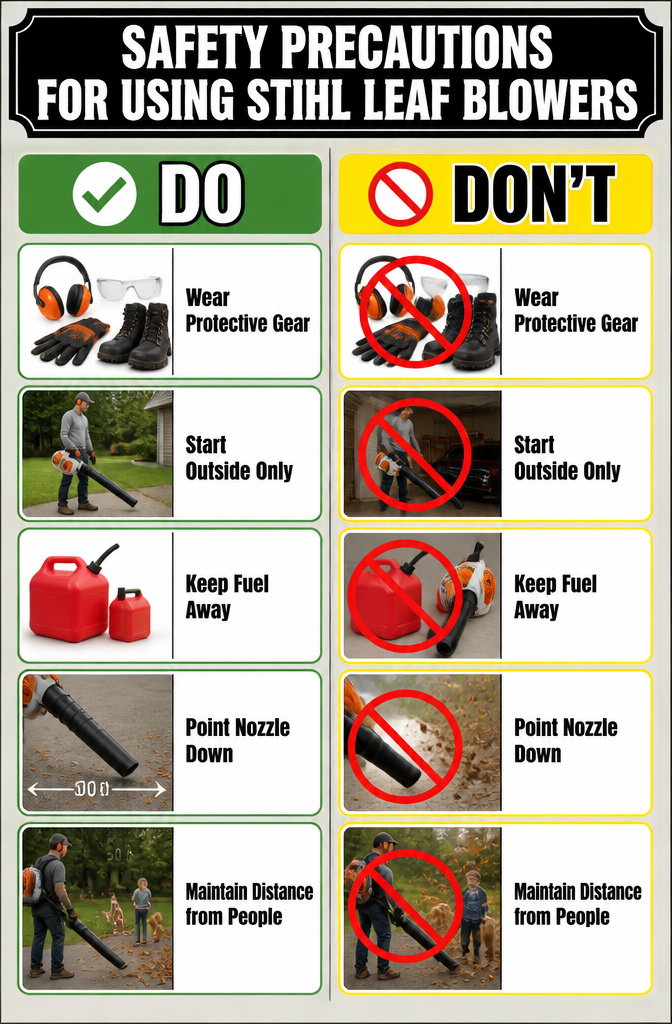 Safety gear recommended for using Stihl leaf blowers.