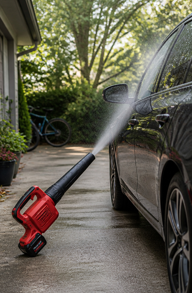 Best Leaf Blower for Car Drying 2026: 10 Options Ranked 2 Milwaukee M18 Precision Blower in use on a dark sedan.