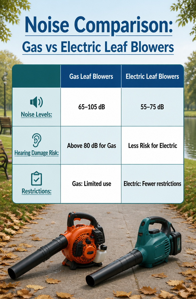 An image comparing noise levels of gas and electric leaf blowers.