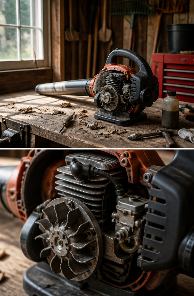 A photo illustrating the maintenance needs of gas versus electric leaf blowers.