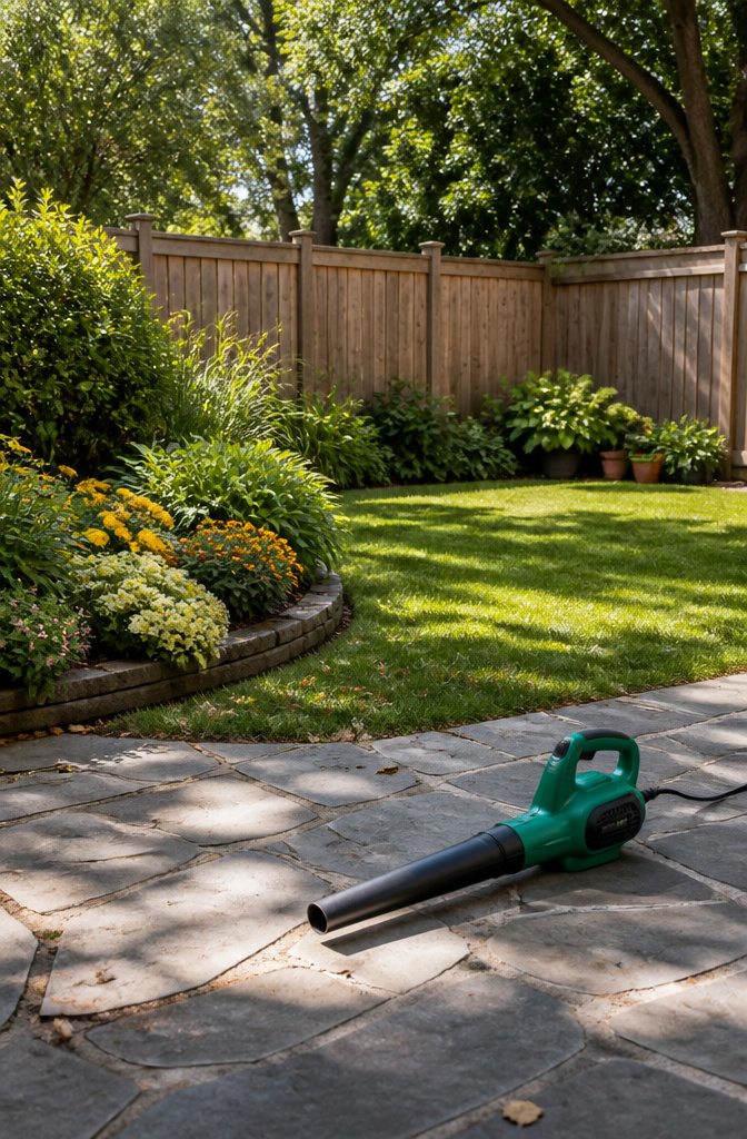 An image comparing the environmental impact of gas and electric leaf blowers.