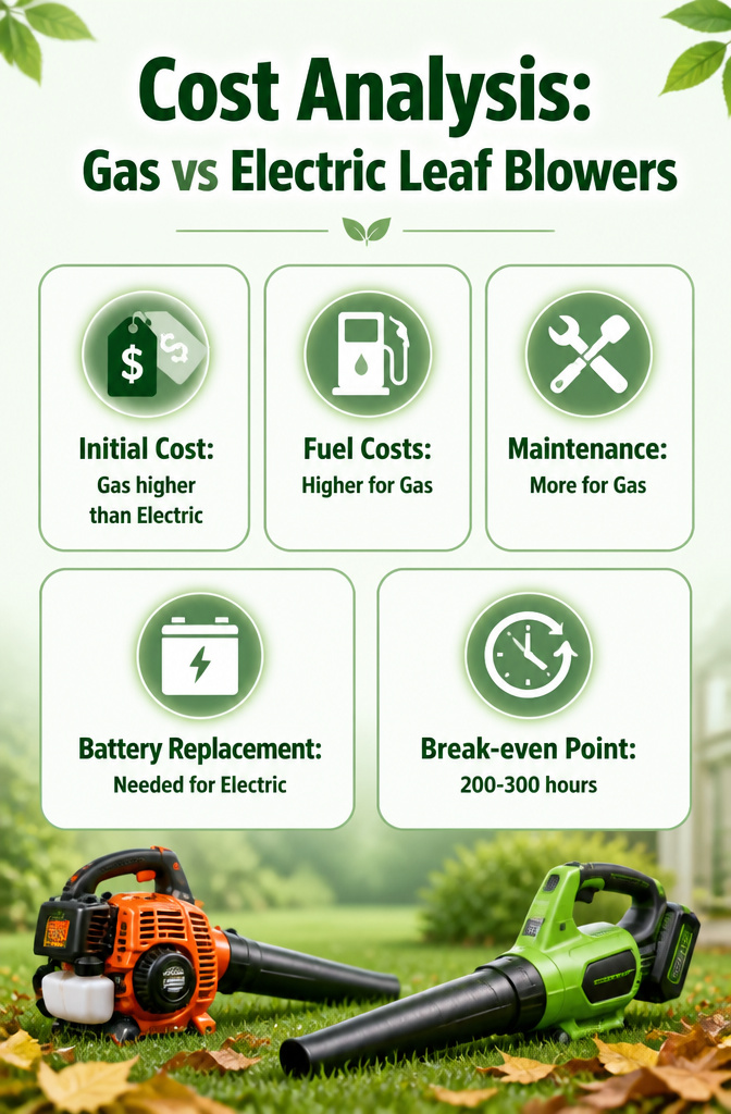 A comparison of costs associated with gas and electric leaf blowers.