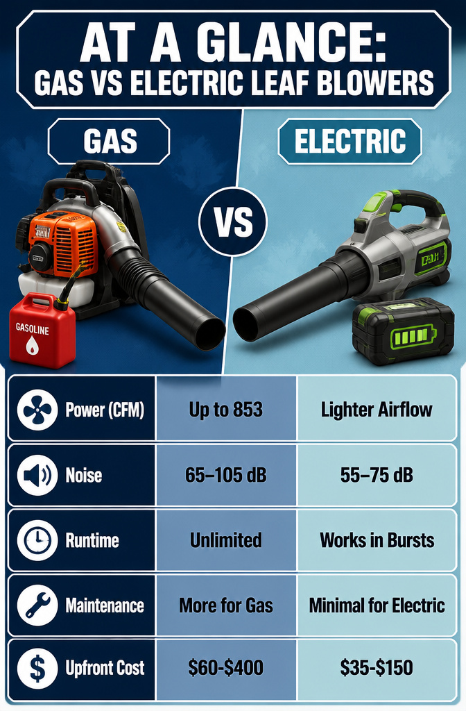 A comparison chart of gas versus electric leaf blower features.