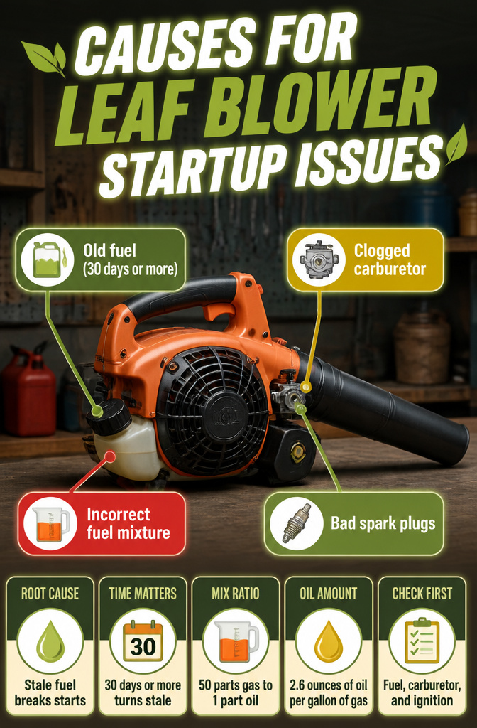 Information graphic listing causes for leaf blower startup problems.
