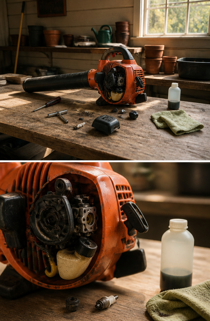 Wet spark plug held up to light, indicating a flooded leaf blower engine.