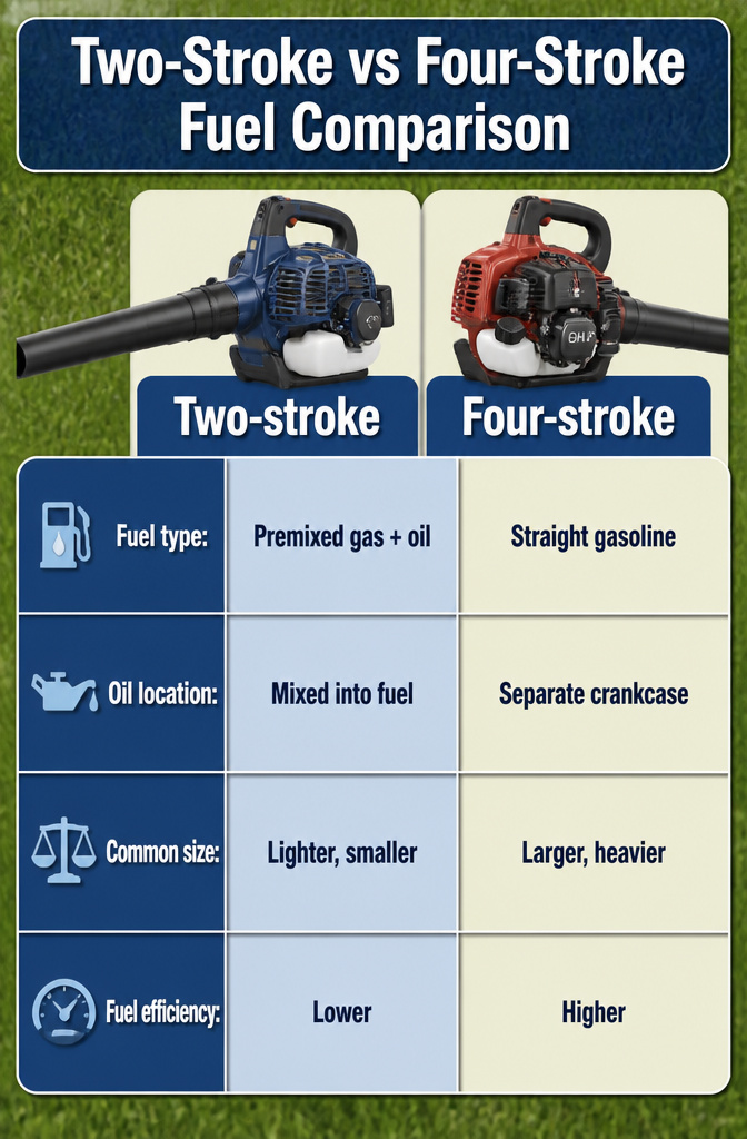 Comparison chart of fuel needs for two-stroke and four-stroke engines.