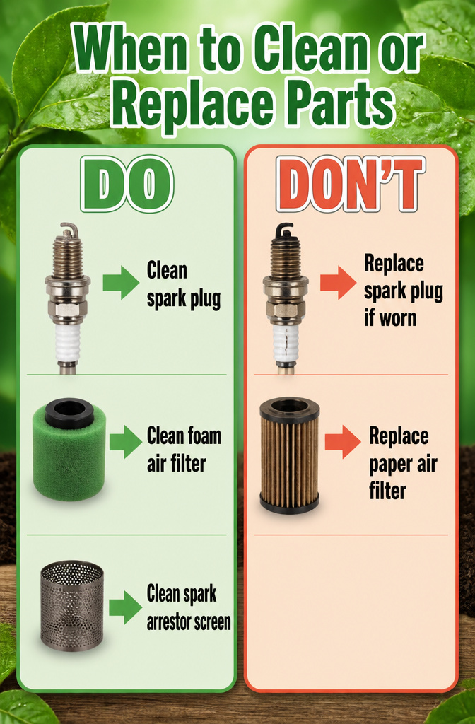 Chart showing guidelines for cleaning or replacing leaf blower parts.