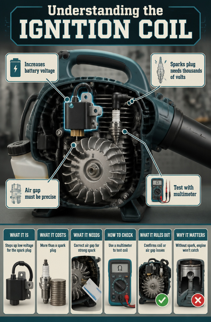 Diagram explaining the function of an ignition coil in a leaf blower.