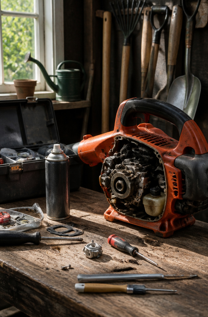 Close-up of a leaf blower's carburetor with visible grime and tools nearby.
