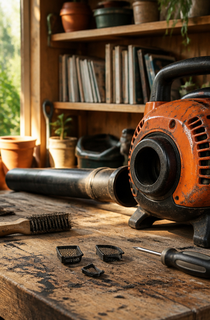 Spark arrestor screen on a workbench, cleaned and surrounded by tools.