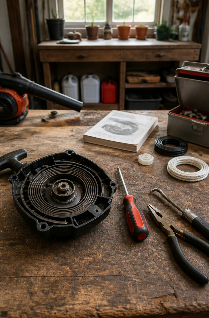 Close-up of a recoil assembly with a rewind spring on a workbench.