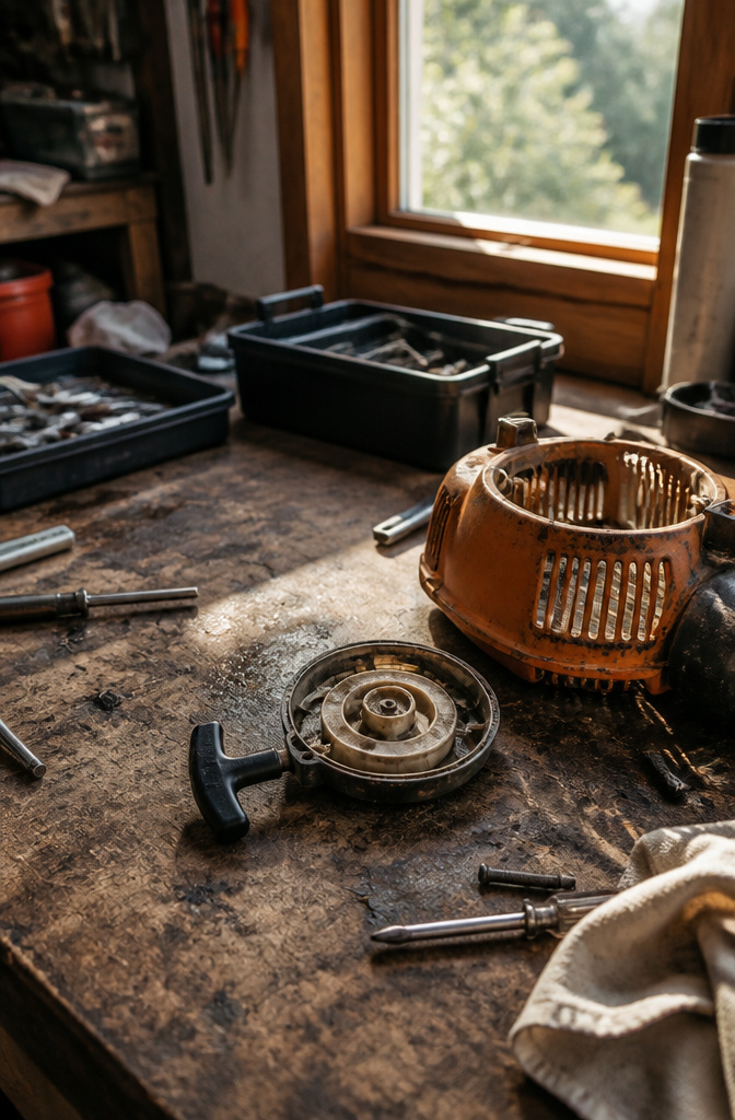 Recoil starter assembly components on a workbench, highlighting wear.