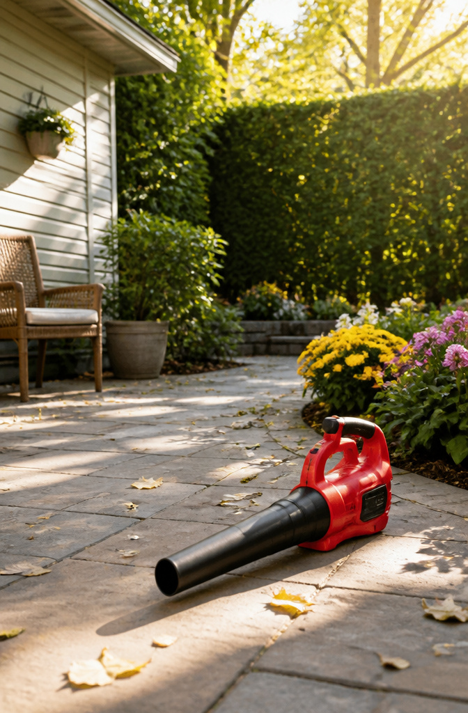 Milwaukee M18 Fuel leaf blower on a patio with flowers.