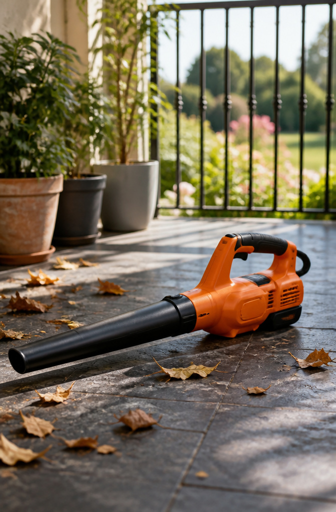 Worx WG547 leaf blower on a garden path.
