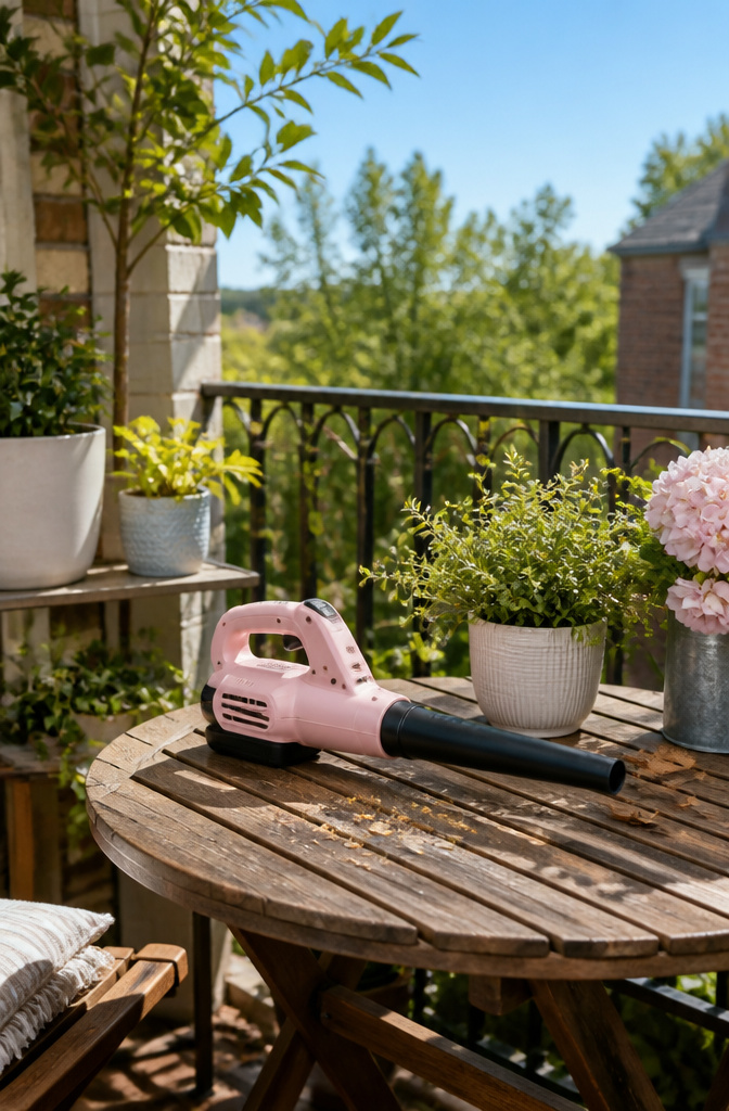 SNJORT Cordless leaf blower on a patio table.