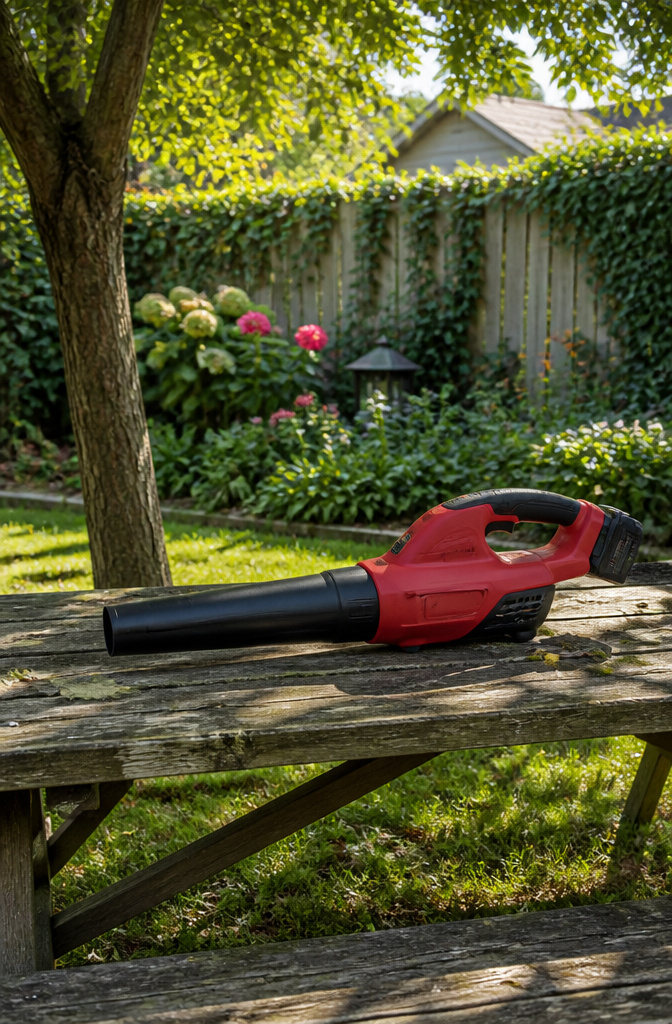 Milwaukee M18 Fuel leaf blower on a picnic table.