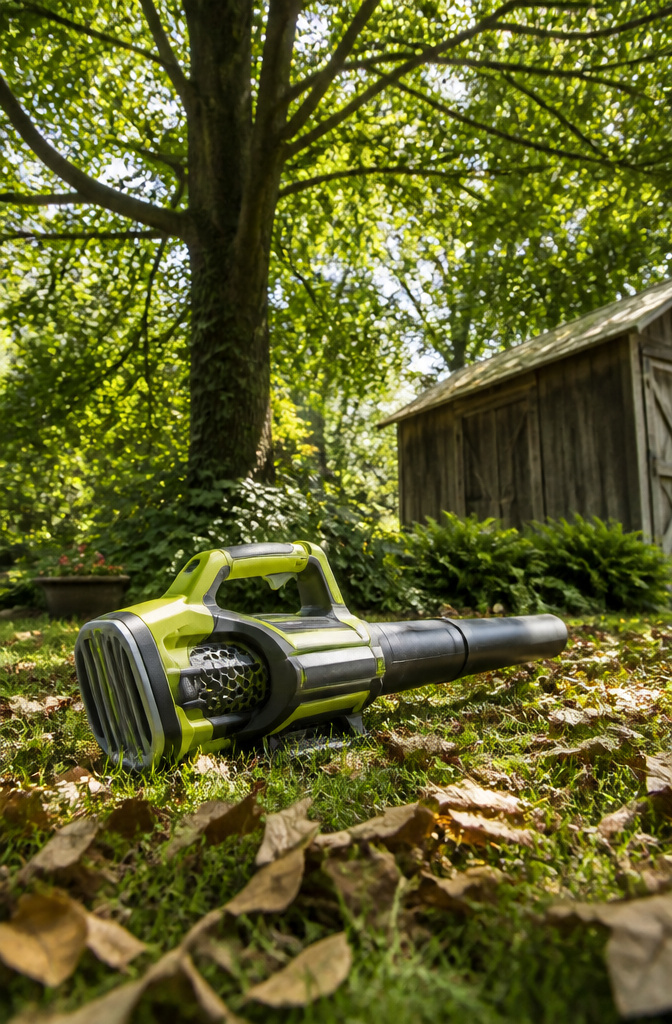 Ryobi 40V HP Whisper Series leaf blower in a garden.