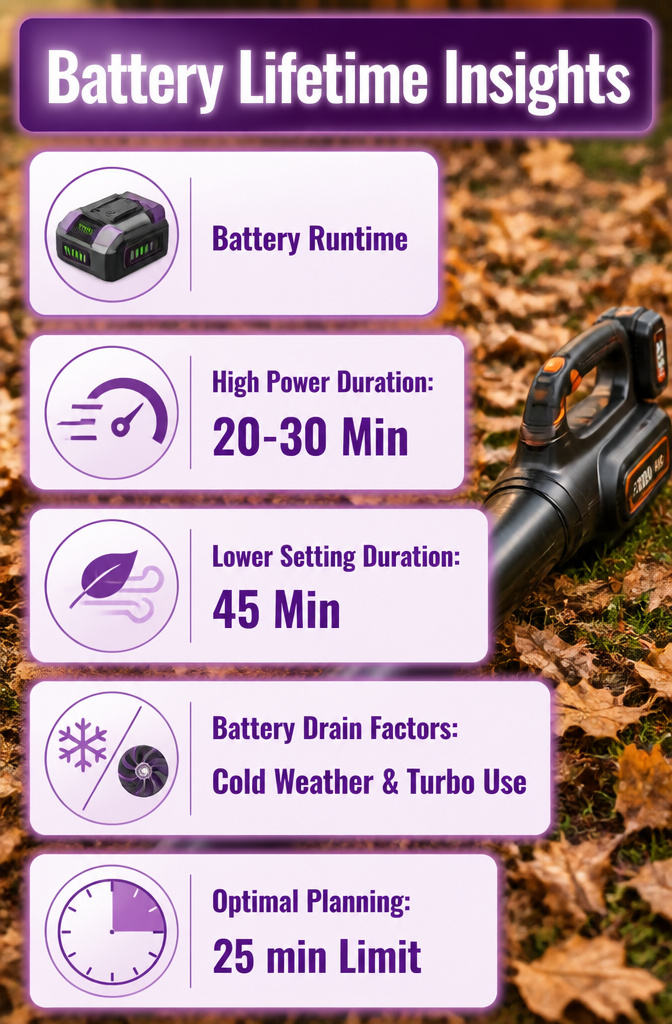 Infographic on battery lifetime insights for leaf blowers.