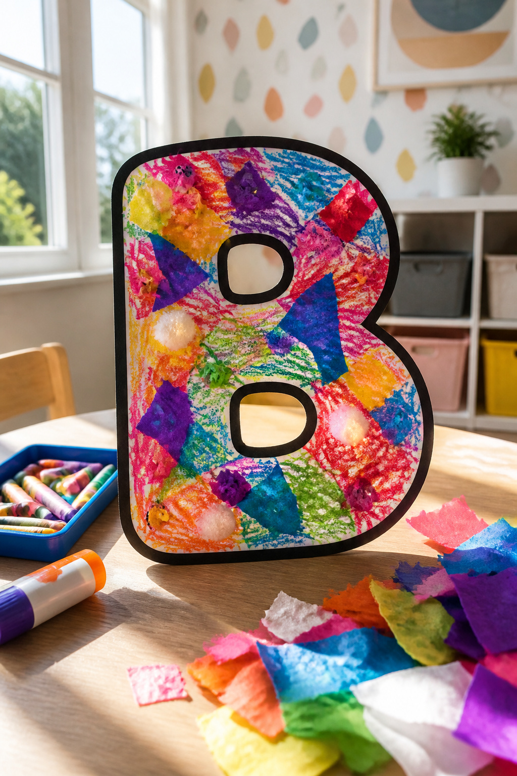 A bubble letter B outlined in black and filled with crayon scribbles on an art table.