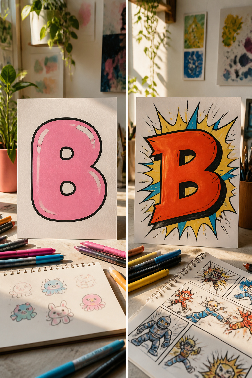 A side-by-side comparison of standard rounded bubble letters and comic-style letters.