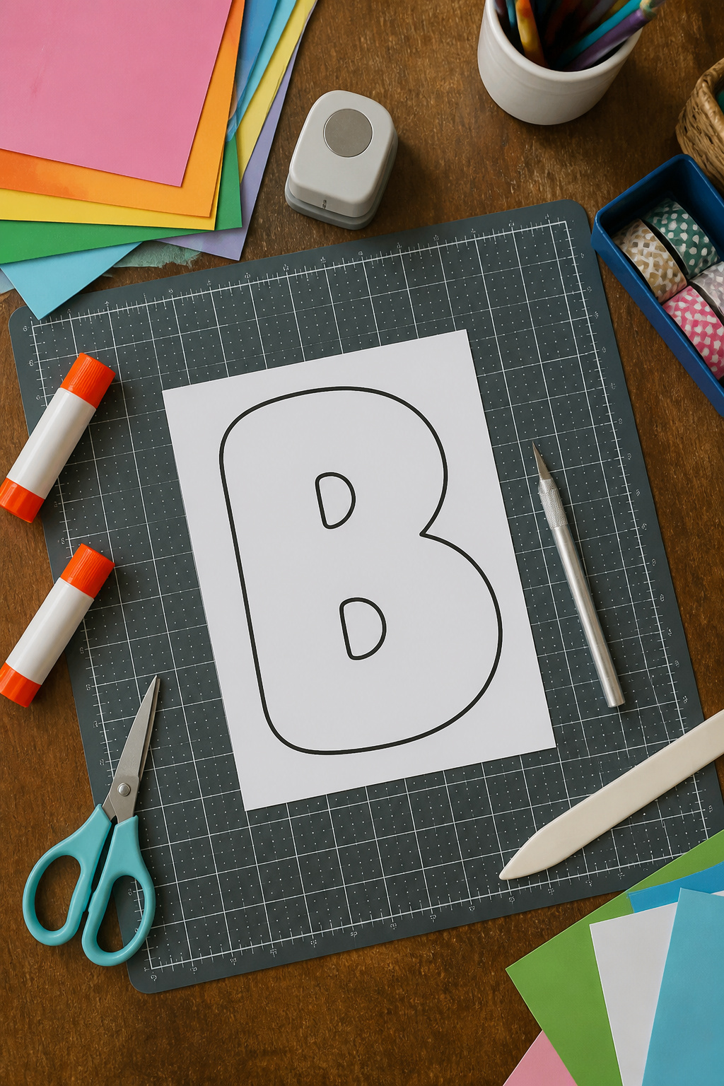 A photograph of crafting tools including cardstock and scissors for bubble letters.