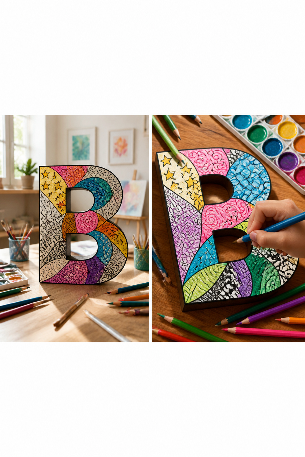 A bubble letter B filled with zentangle patterns on a craft surface.
