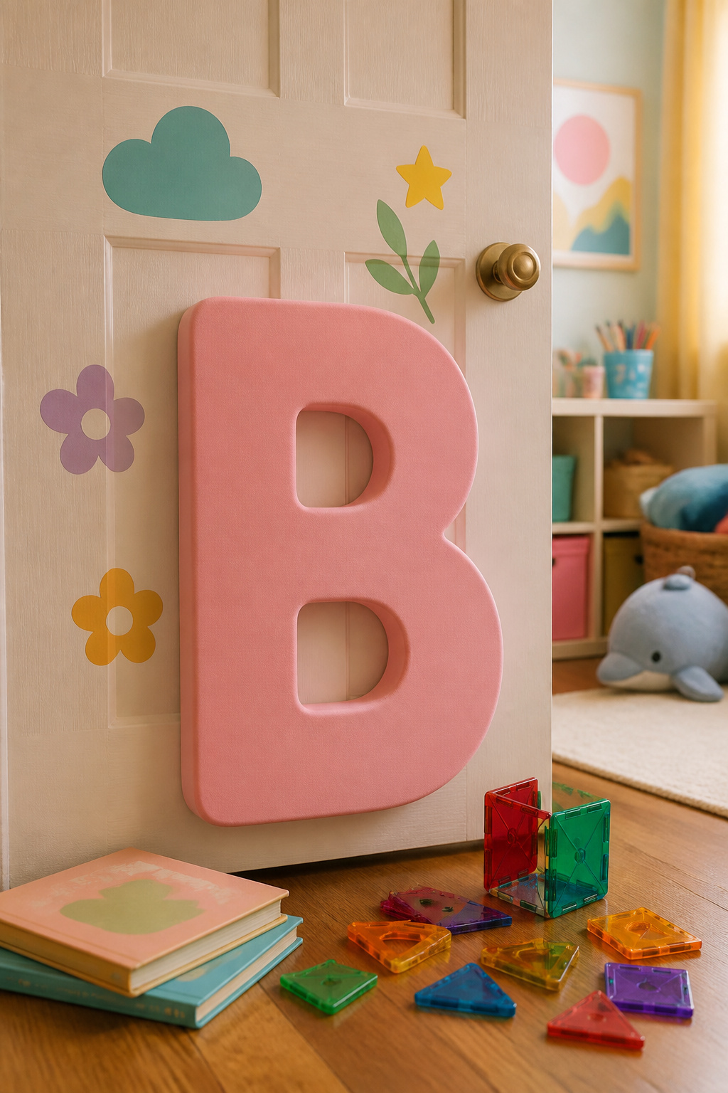 A bubble letter B attached to a door, standing upright.