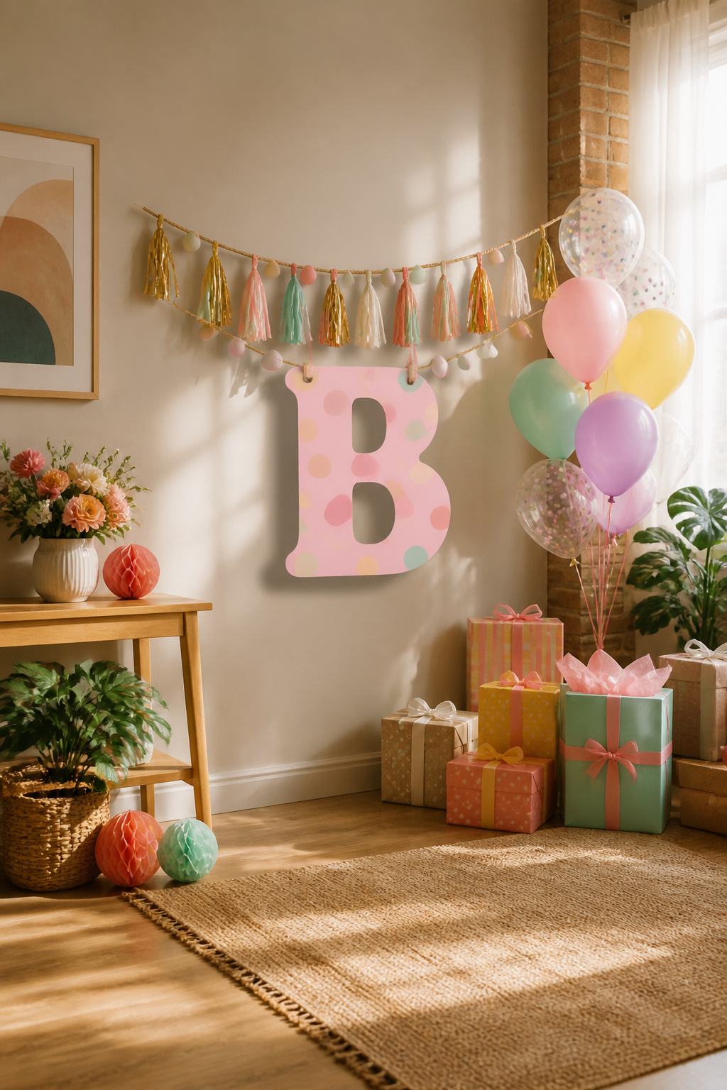 A bubble letter B printed for a colorful banner, ready to be strung.