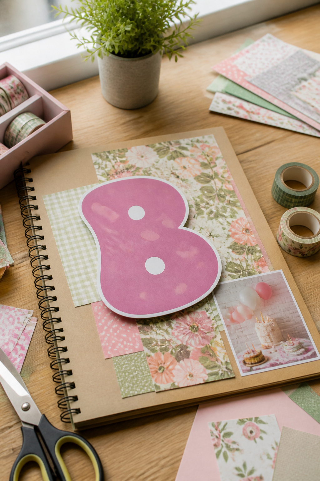 A bubble letter B layered over a floral-patterned background in a scrapbook.