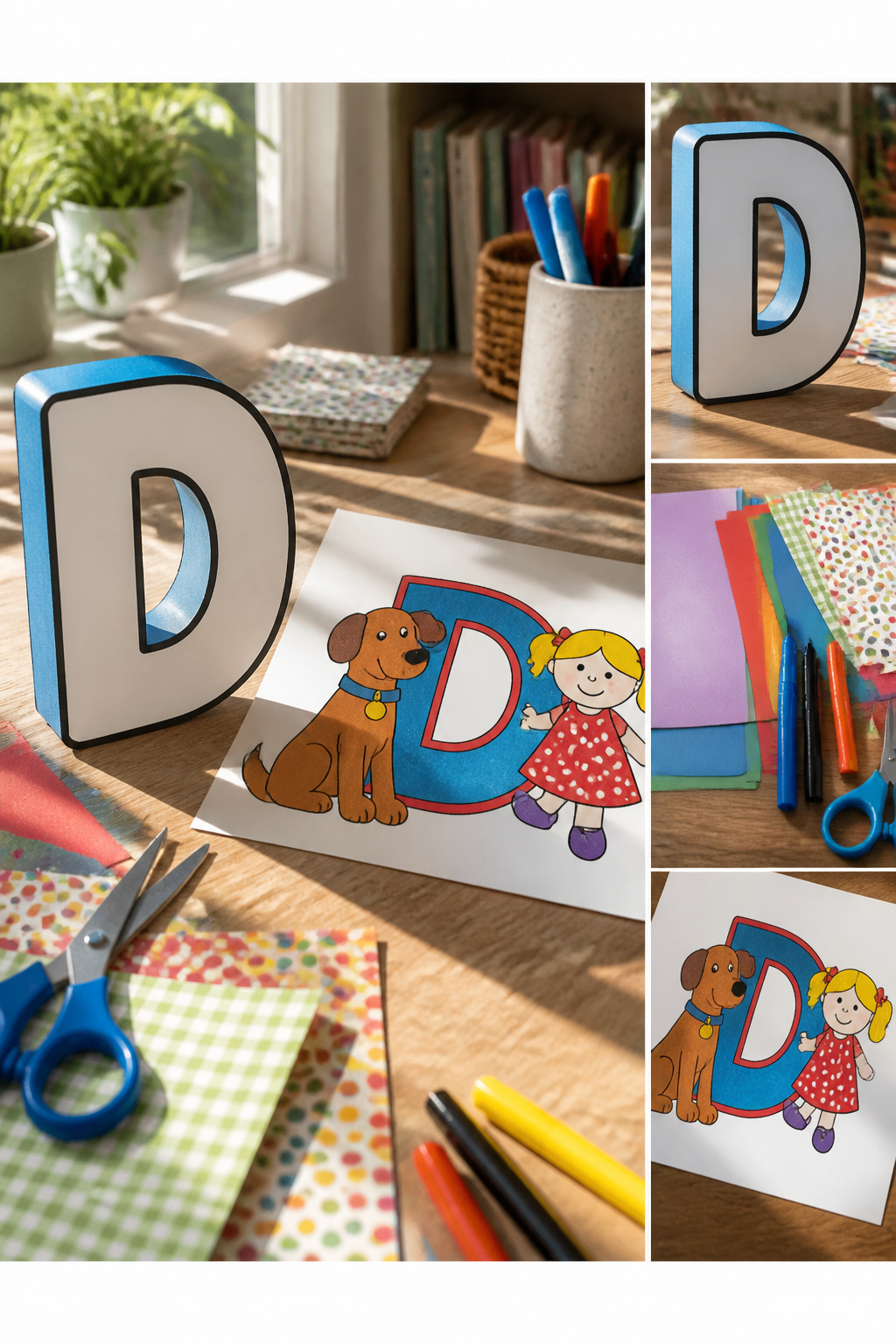 Examples of creative projects using bubble letter D.
