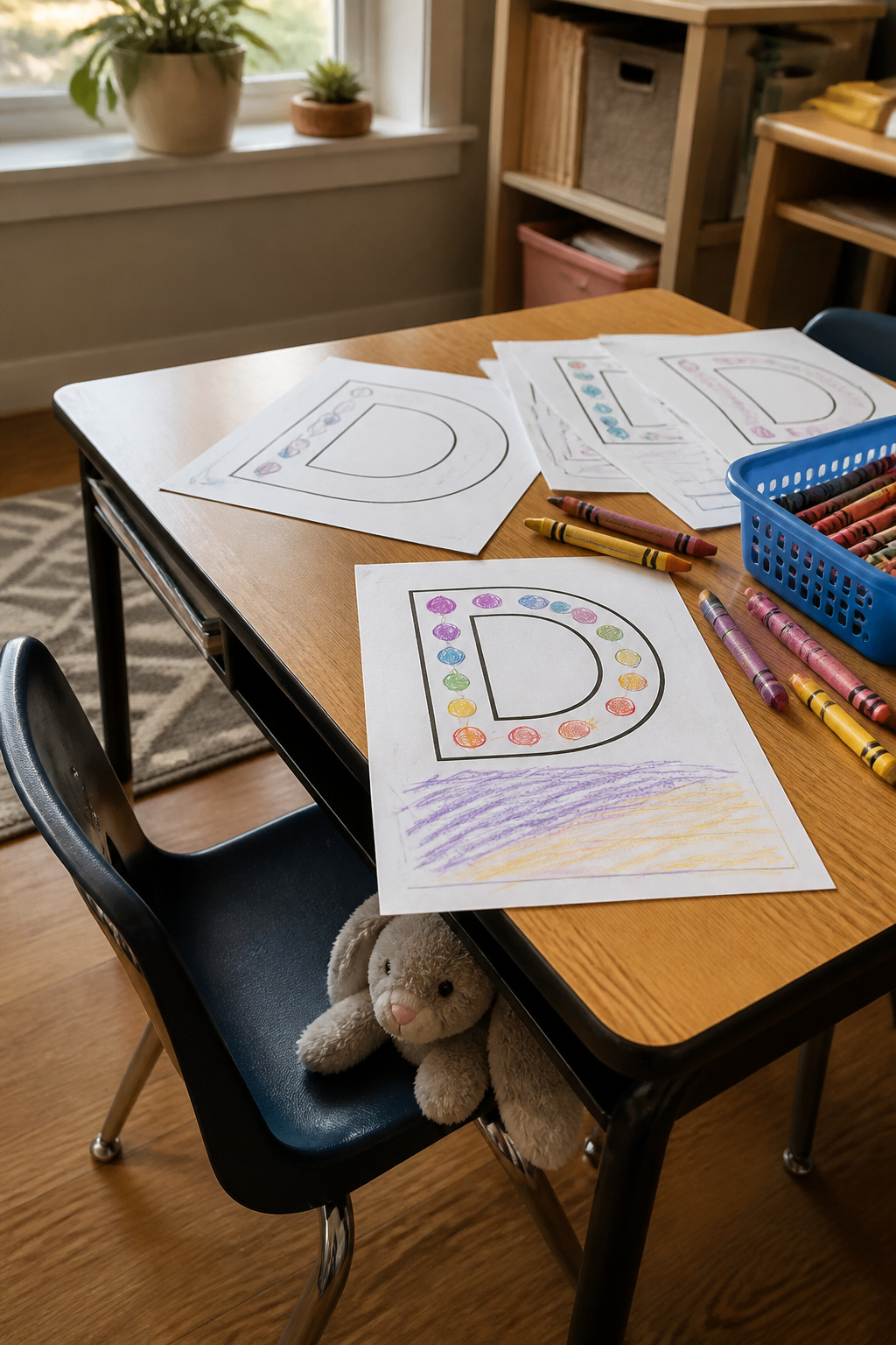A student's desk with tracing worksheets of bubble letter D.