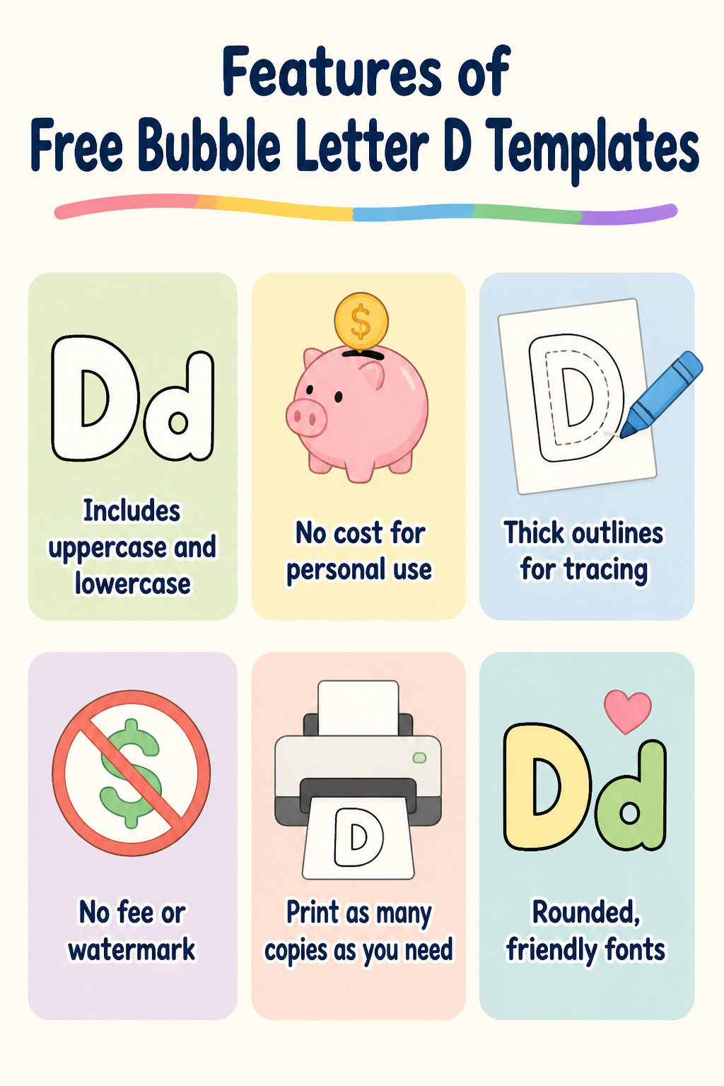 Features of a free set of bubble letter D templates.