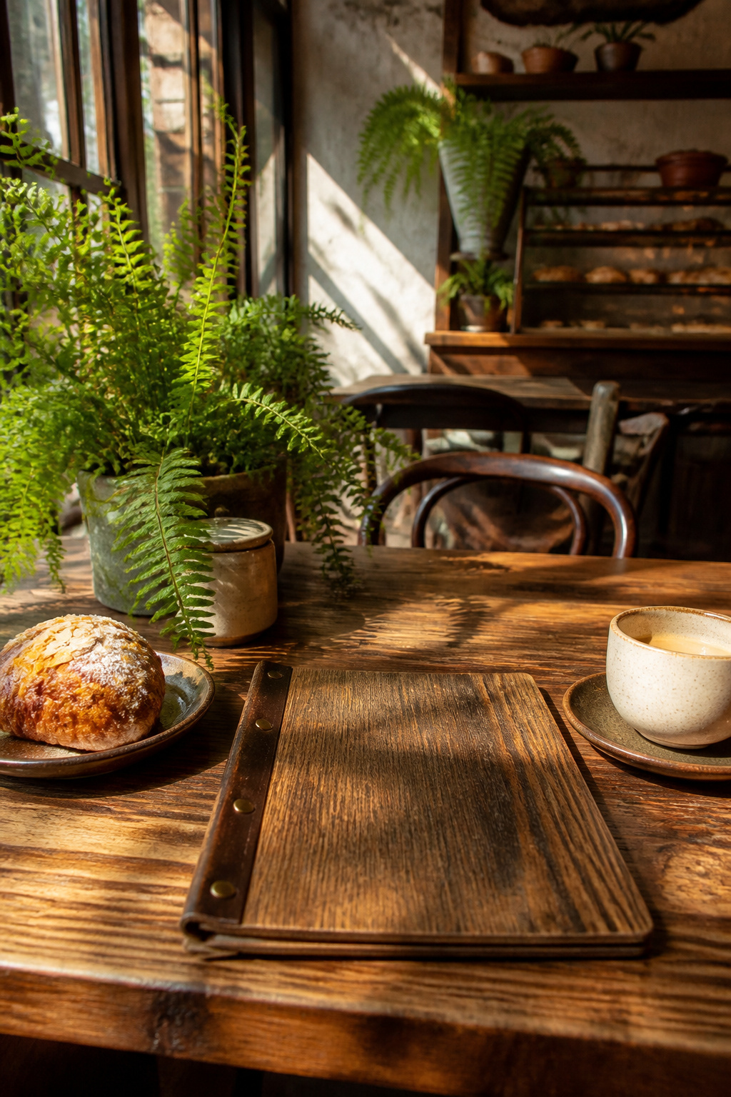 A wooden menu featuring Abigail Hazel in a vintage café.