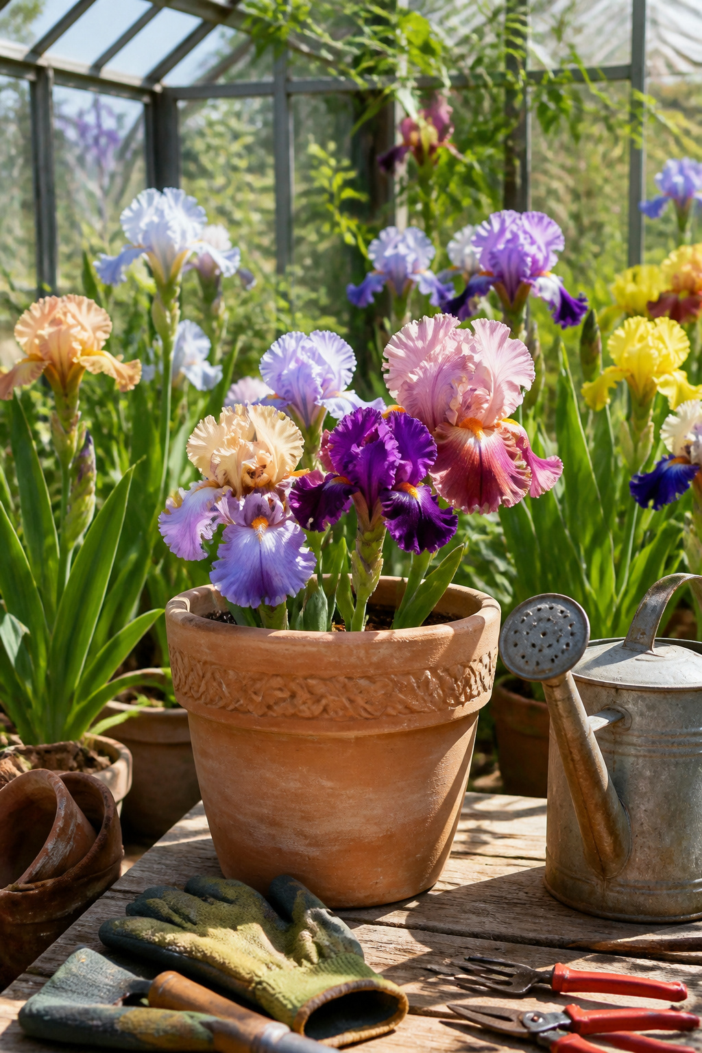 A pot with the name Abigail Iris surrounded by blooming irises.