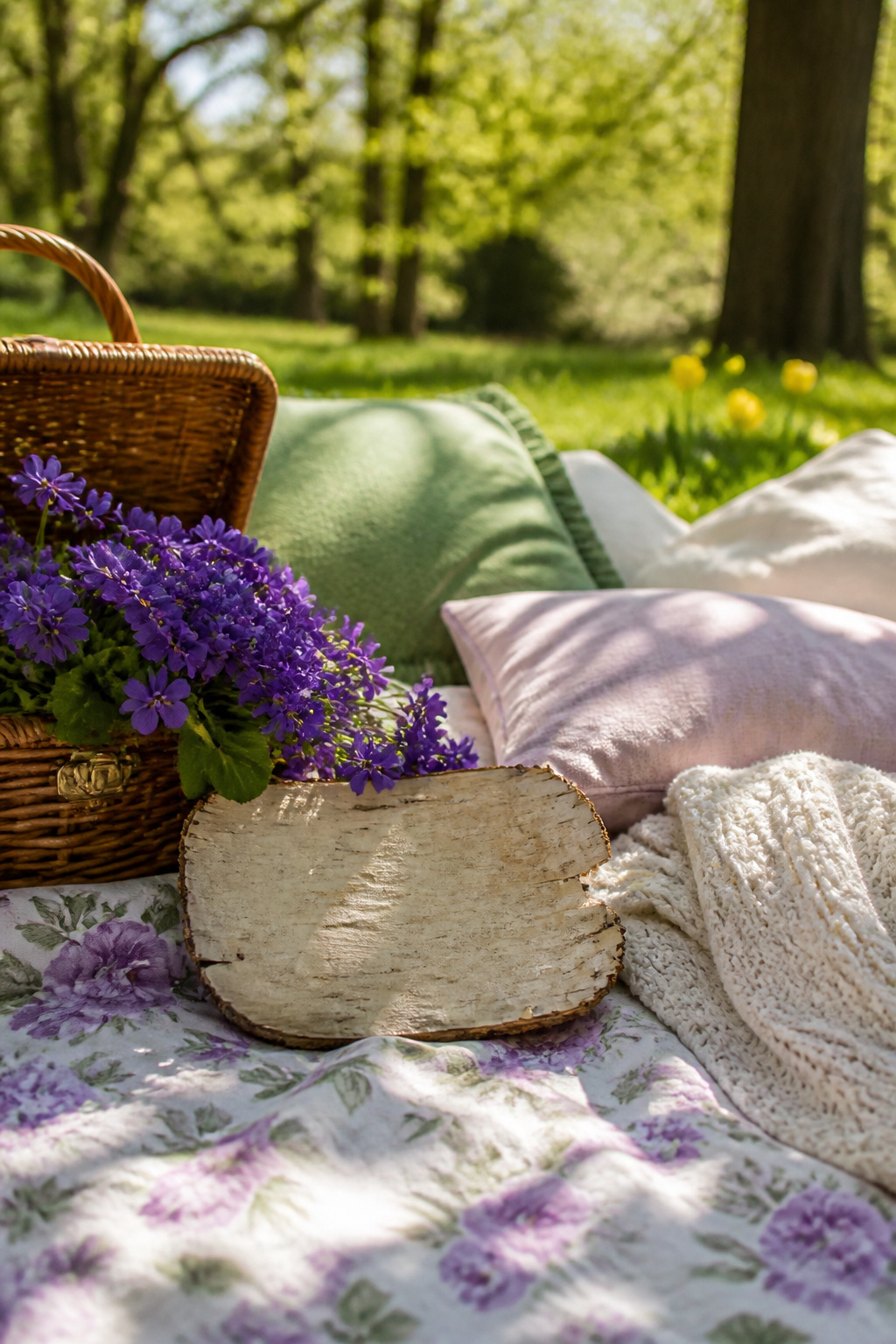 A birch bark card reading Abigail Violet on a picnic blanket.