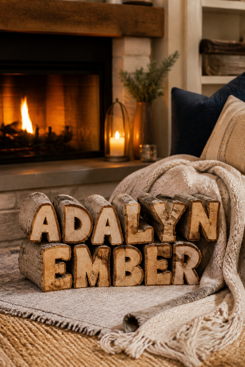 Middle Names for Adalyn: 40 Ideas That Flow 37 Firewood logs featuring the name Adalyn Ember near a fireplace.
