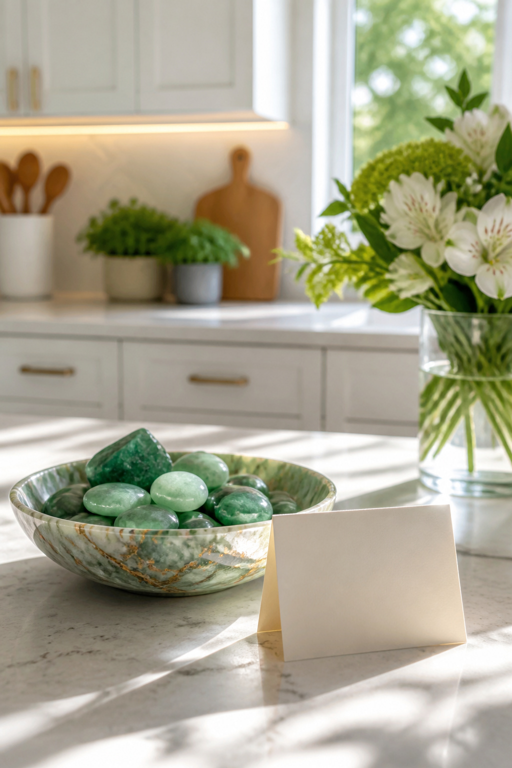 Middle Names for Adalyn: 40 Ideas That Flow 6 A bowl with jade stones and a card displaying Adalyn Jade.